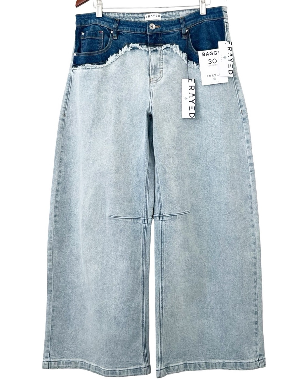Nova Frayed Two-Tone Wide-Leg Baggy Barrel Jeans Blue 30 NWT